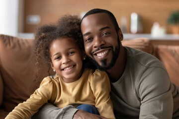 A man and a little girl are sitting together on a couch, cuddling while watching something, A father and daughter cuddling on the couch watching a movie