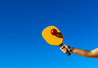 Arm holding pickleball and hitting ball