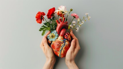 Hands holding a vase shaped like an anatomical heart filled with colorful flowers. Studio photography on gray background. Love and health concept for design and greeting card. Close-up image.