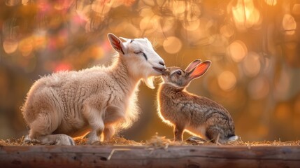 a white goat and rabbit affectionately licking each other's faces while perched on a rustic wooden table.