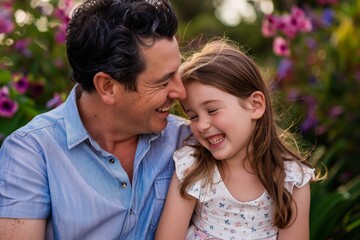 Fototapeta premium A man sitting next to a little girl, both smiling, in front of colorful flowers, A father and daughter laughing together in a colorful garden