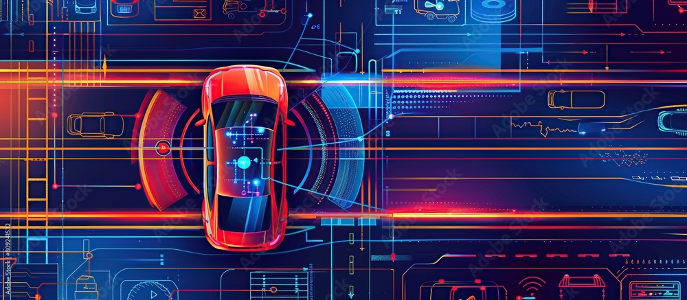 Poster smart car in autonomous mode on roads, graphic sensor radar signals and internet connectivity, top v