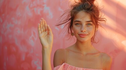 Portrait of a young woman with freckles waving, on a pink background. Summer and youth concept. Casual lifestyle photo with place for text.