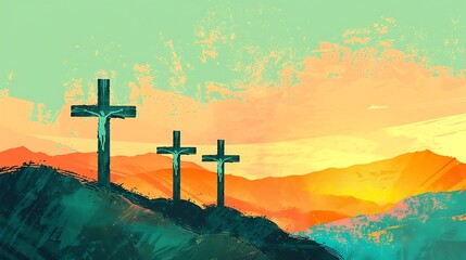 Mountain Crucifixes - Sunset Sky Background - Vector Religious Design