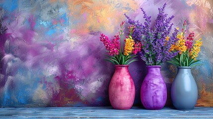   Three vases filled with unique hued blooms stand before an array of purples, yellows, and oranges on a canvas