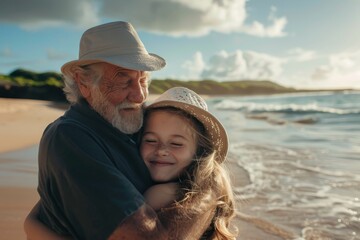 An older man embraces a young girl affectionately on the sandy beach, A father and daughter sharing a tender embrace on a sunny beach