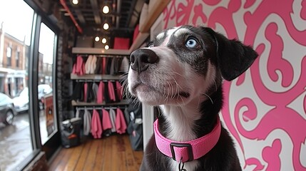   A black-and-white dog with a pink collar stares out the window of a pink and white wallpapered store - obrazy, fototapety, plakaty