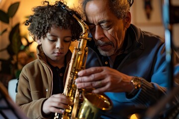 Fototapeta premium A man playing saxophone with a young boy, bonding over music in a heartwarming moment, A father and son bonding over a shared love of music, playing instruments together