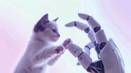 White kitten touching a robotic hand. Concept of technology and pets. Studio photography on a pink gradient background. Future and innovation concept.