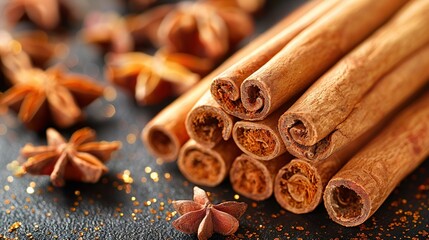  Cinnamon sticks on a table with cinnamons and star anise