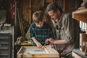 A man and a boy are busy working together on a piece of wood, possibly building a birdhouse, A father and son building a birdhouse together in the garage