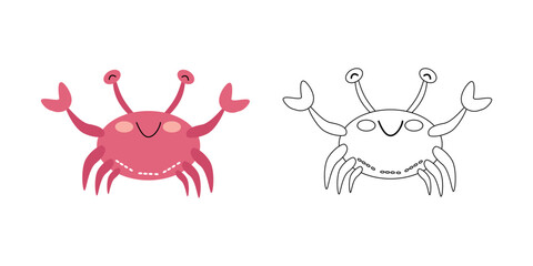 Cute crab character, sea animal. Vector cartoon illustration for children's coloring books, outline and example in color.