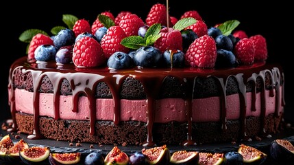   A chocolate cake adorned with raspberries and blueberries, finished with a chocolate drizzle