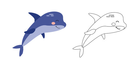 Cute dolphin character, sea animal. Vector cartoon illustration for children's coloring books, outline and example in color.