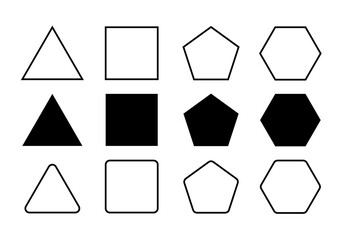 Hoja de iconos de triángulos, cuadrado, pentágono, hexágono negros.