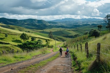 Two people are riding bikes on a dirt road in a rural area