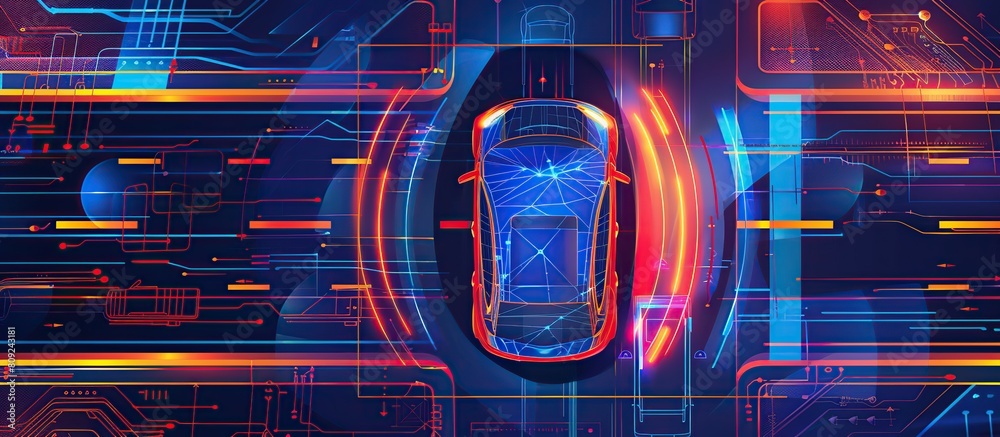 Poster Line image a smart car in autonomous mode on graphic sensor radar signals connectivity, top view.