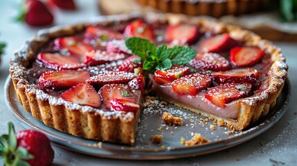   A close-up photo shows a plate with a partially cut pie, surrounded by strawberries