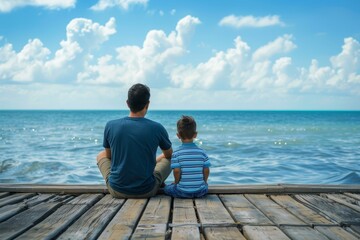 Fototapeta premium Father and son sitting on wooden pier, gazing out at vast ocean horizon under clear sky, A father and son sitting on a pier, looking out at the ocean