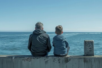 Fototapeta premium Two men sitting on a cement wall near the ocean, enjoying the view, A father and son sitting on a pier, looking out at the ocean