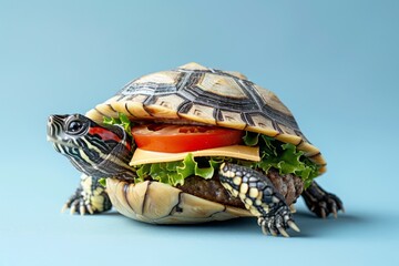 Turtle with a sandwich shell resembling a burger on a blue background. Creative animal photography with copy space. Food and humor concept for design and print.