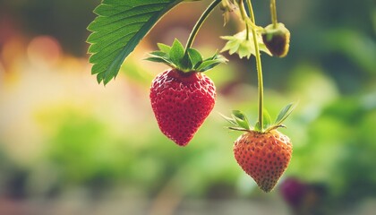 a hanging strawberry plant with fruit on the vine in impressionist style background image