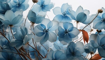 abstract transparent blue flowers against a white background create a delicate and tranquil artistic composition photorealistic illustration