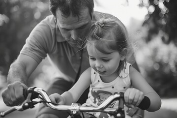 A man assisting a young girl to ride a bicycle for the first time, A father helping his daughter ride a bike for the first time