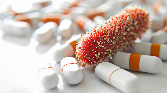 Antibiotic resistance shown with a superbug bacteria overshadowing medicine pills, isolated on white background 