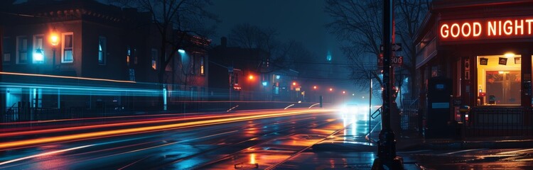 Rainy street scene at night with colorful light streaks. Long exposure photography with copy space. Urban life and nightlife concept. Banner with copy space