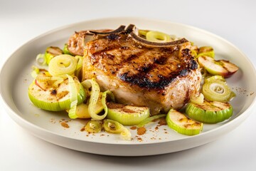 Allspice Pork Chops with Caramelized Leeks, Crunchy Apples, and Aromatic Butter