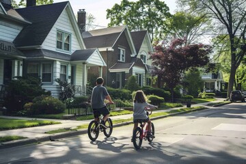 A man and a little girl riding bicycles together on a street, A father teaching his daughter how to ride a bicycle in their neighborhood