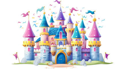 Fototapeta premium Colorful Fairytale Castle with Flying Flags isolated on a transparent background