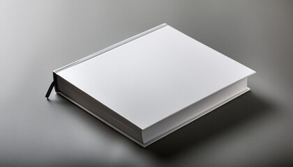white blank book cover seen from above on grey background with shadow