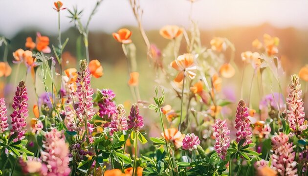 colorful flowers close up on sunny meadow natural abstract background beautiful rustic floral countryside landscape pink clover and peas mouse flowers or vicia cracca plants grow in field banner