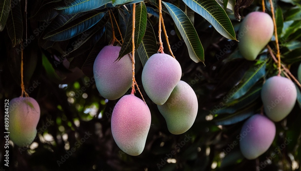 Poster closeup of mangoes hanging on the tree