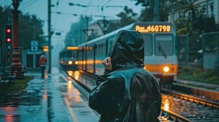 a man in a black raincoat and hood shielding his face from the pouring rain while waiting at a train station, with a yellow bus looming in the background against the backdrop of a rainy cityscape.