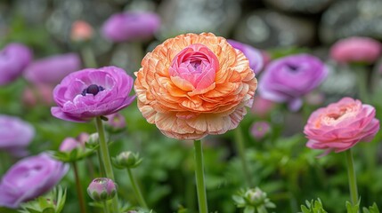   A close-up of a group of purple and orange flowers against a stone wall