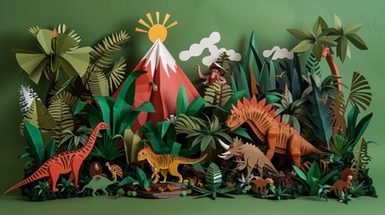 Handmade Prehistoric Diorama with Paper Cavemen and Volcanoes