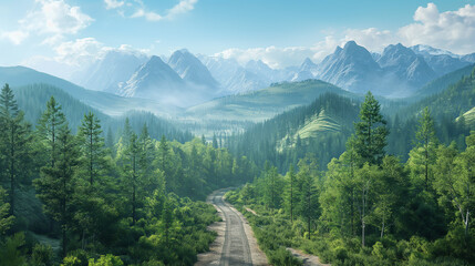 A mountain range with a dirt road running through it