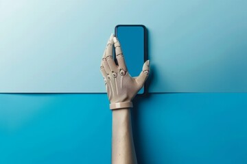 Robotic hand holding smartphone against a blue background. Technology and artificial intelligence concept with copy space for design.