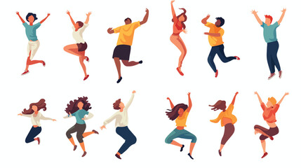People fly and jump set vector illustration. Excite