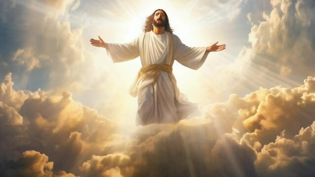 God Jesus Christ rising up into the bright light of heaven clouds.