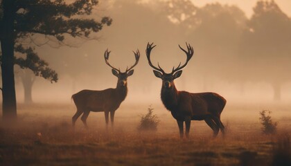 two red deer silhouettes in the morning mist