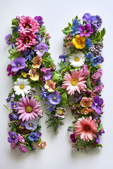 Obraz premium Flower font alphabet M made of colorful floral letter on white background