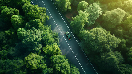 A car is driving down a road surrounded by trees