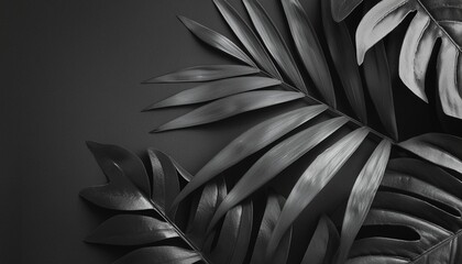 a background of pure black with the silhouettes of tropical leaves abstractly arranged the leaves vary in opacity creating depth and a sense of mystery in the dark nature theme 8k