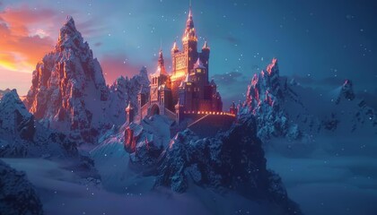 digital glowing medieval castle in the mountains of 3d triangular polygons - Powered by Adobe