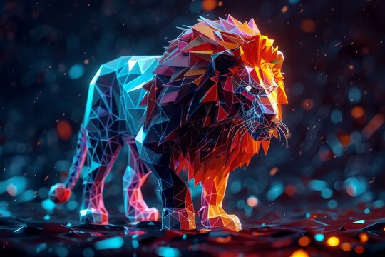 digital glowing lion of 3d triangular polygons
