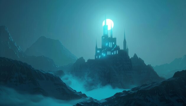 digital glowing medieval castle in the mountains of 3d triangular polygons